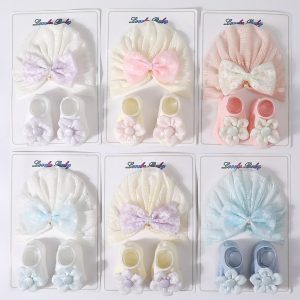 Baby Lace Bow Turtleneck Cap & Socks Set – Pearl Hollow, Breathable Design