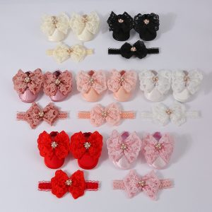 Baby Soft Sole Big Bow Shoes with Matching Lace Pearl Hair Band | Gift Set