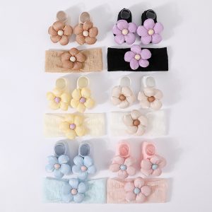 Baby Lace Hair Band & Flower Socks Set with Toddler Shoes – Soft Sole Sunflower Knot Rubber Shoes